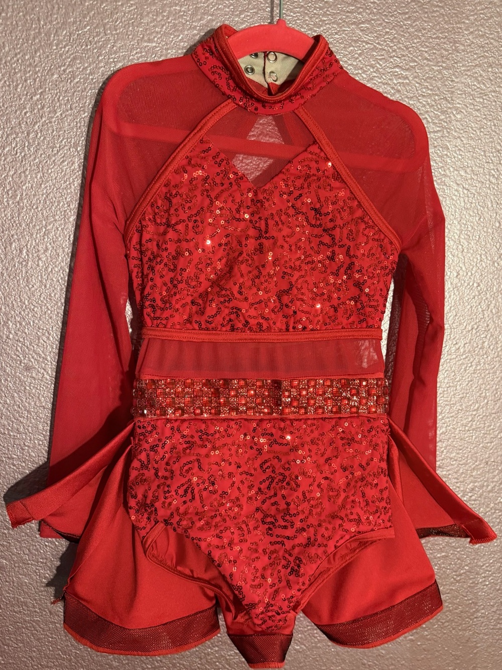 Weissman Red Sequin Mesh Long-Sleeve Dance Bodysuit